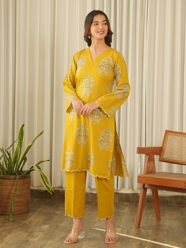 Mustard Bloom Screen Print Cotton Suit Set