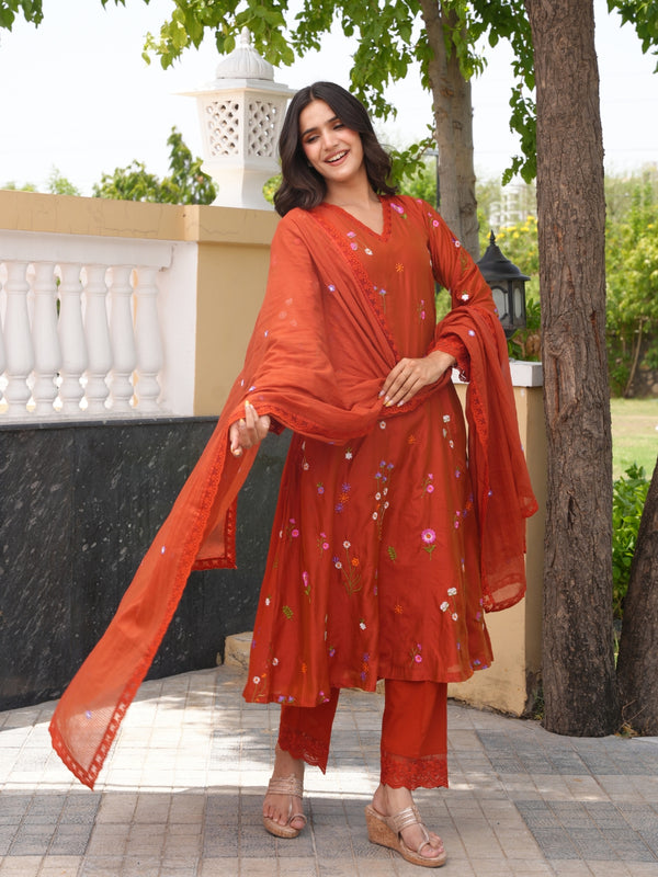 Rust Brown Chanderi Floral Embroidered Kurta Set