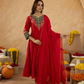 Red Zari Embroidered A-Line kurta with Dupatta