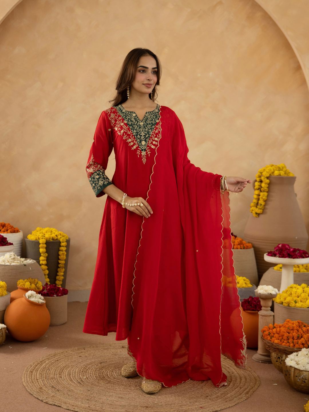 Red Zari Embroidered A-Line kurta with Dupatta