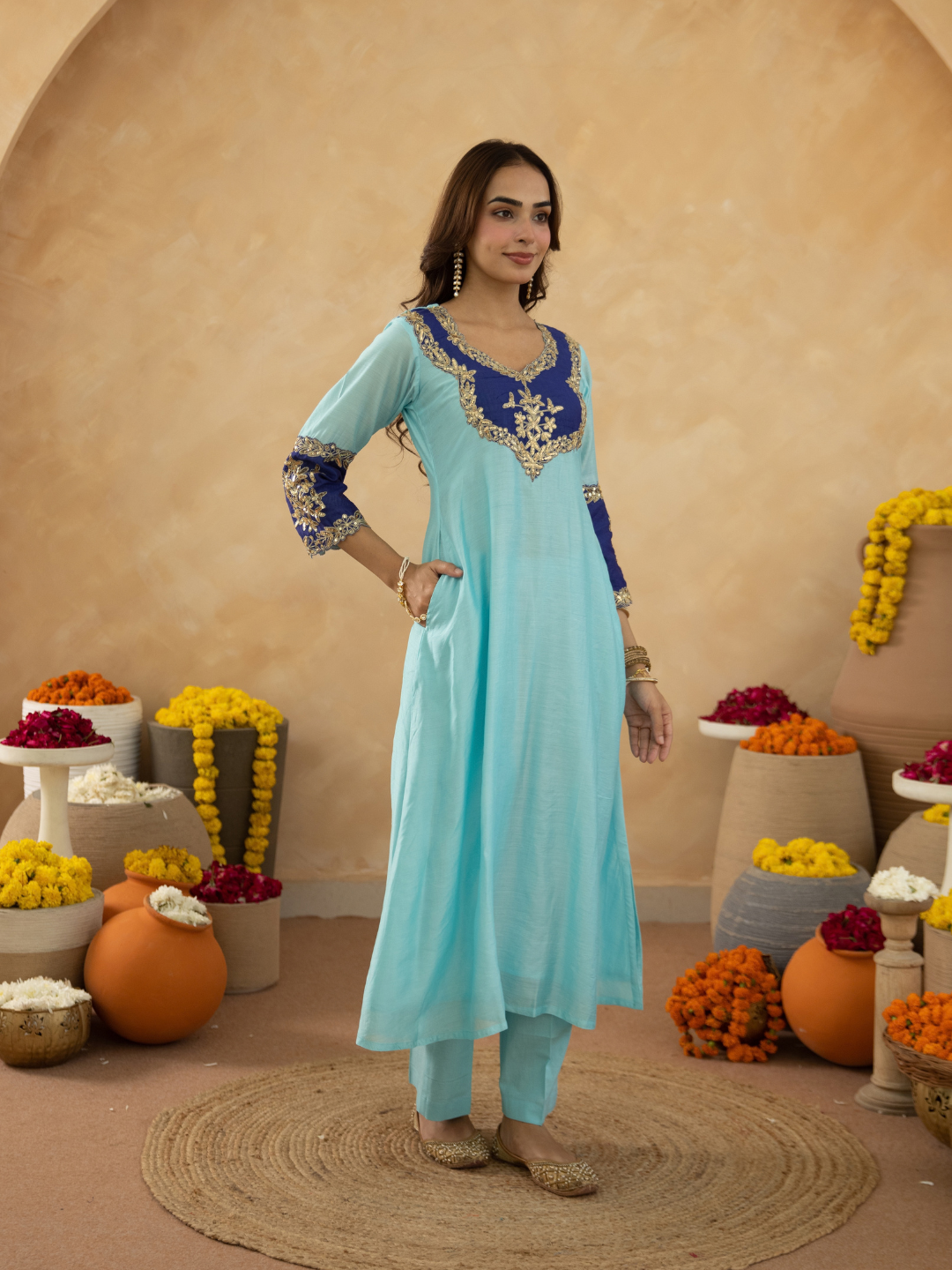 Sky Blue Chanderi A-Line Kurta Set with Handwork Detailing &  Organza Dupatta