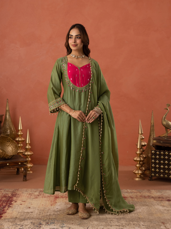 Olive Green Chanderi Mirrorwork A- Line Kurta Set