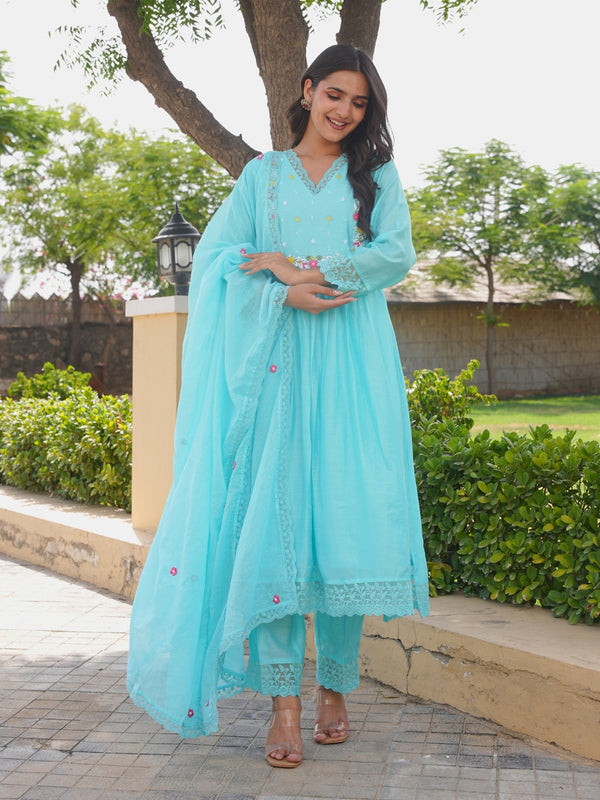 Aqua Blue Floral Handwork Chanderi Kurta Set