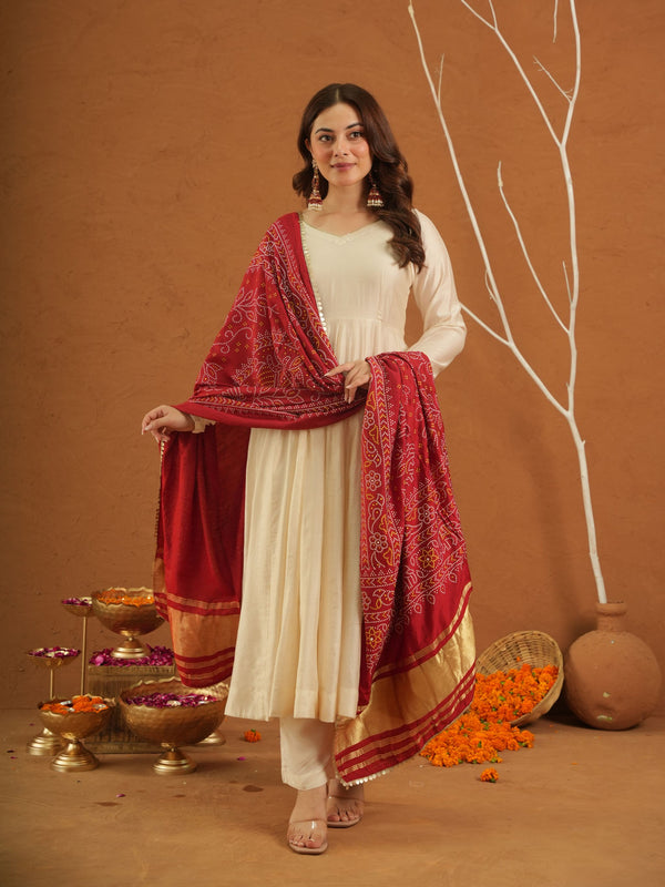 Roohi Off White Chanderi Set With Bandhej Dupatta