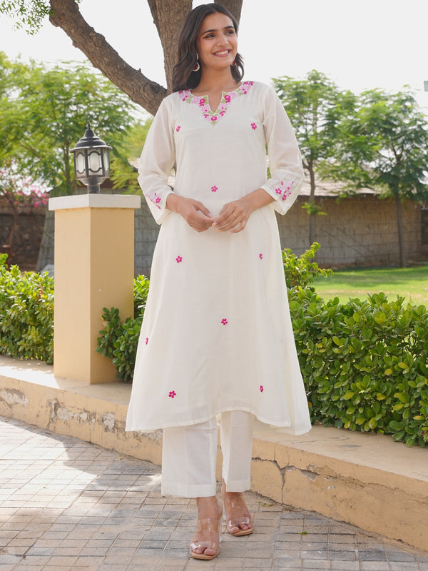 Off White Petal Handwork Chanderi A-Line Kurta Set