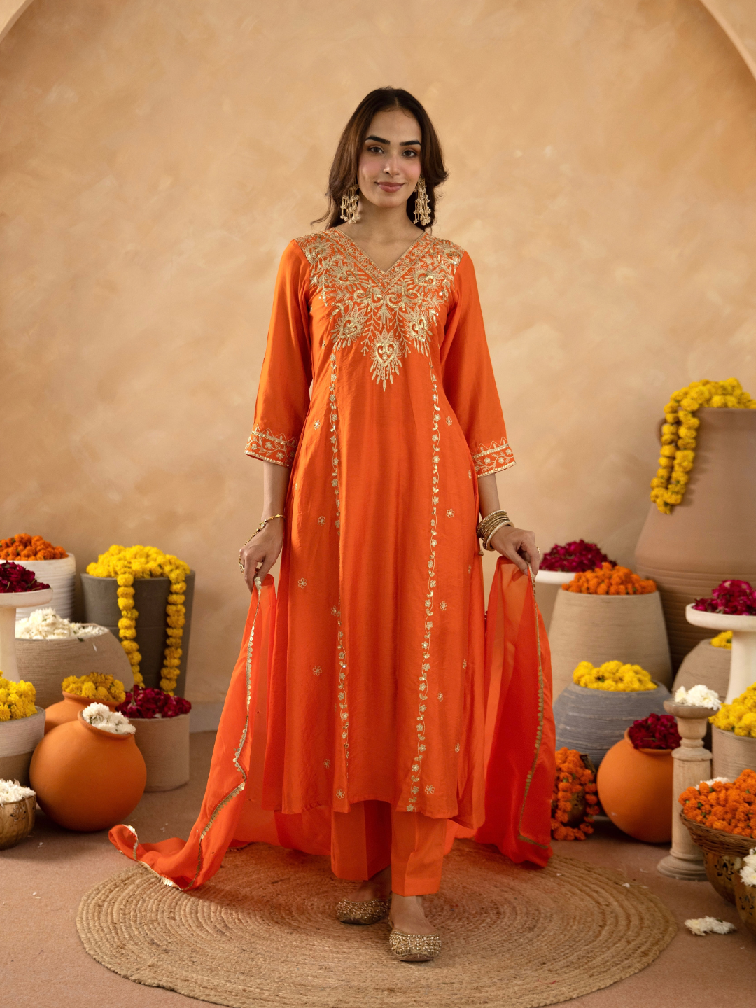 Rust Brown Chanderi A- Line Suit with Aari and Sequnce Work  Detailing