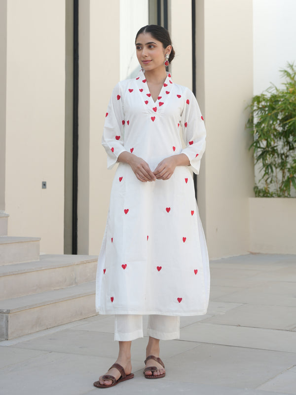 LUV WHITE COTTON HEART EMBROIDERED SUIT SET