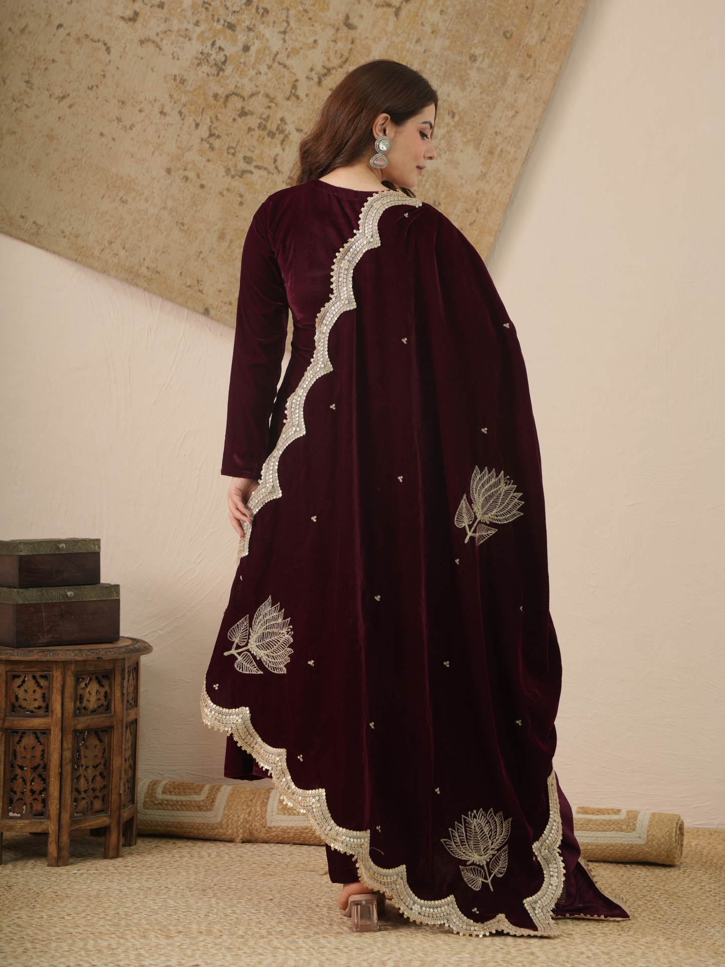 Zehra Wine Velvet Kurta With Pant & Dupatta