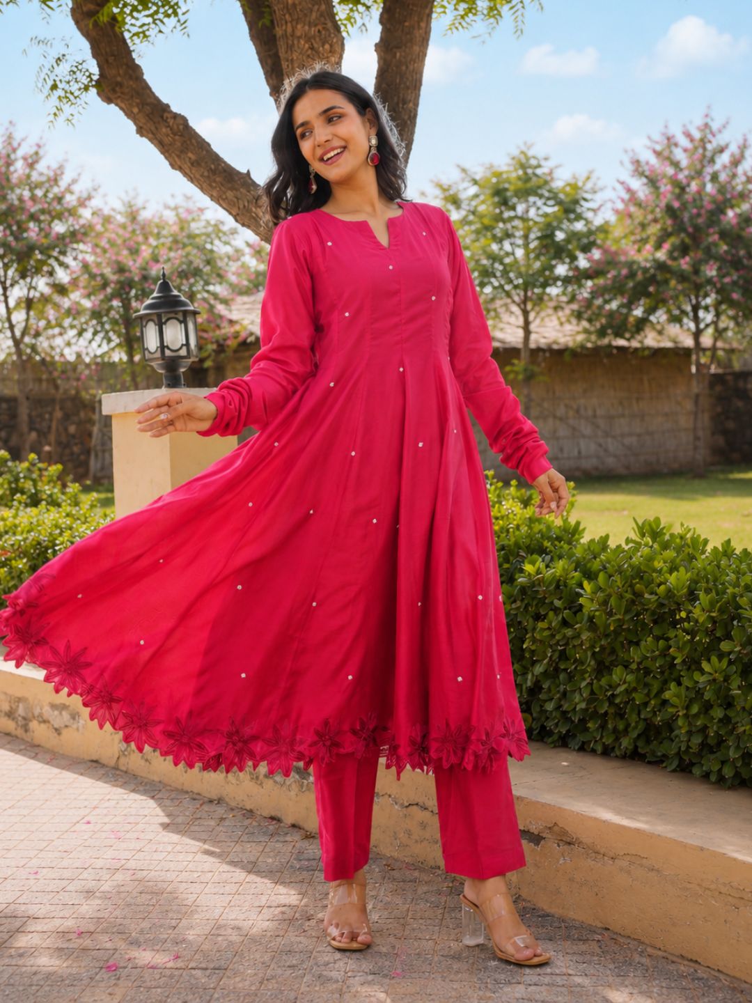 Ruby Bloom Floral Aari Work Chanderi Kurta Set