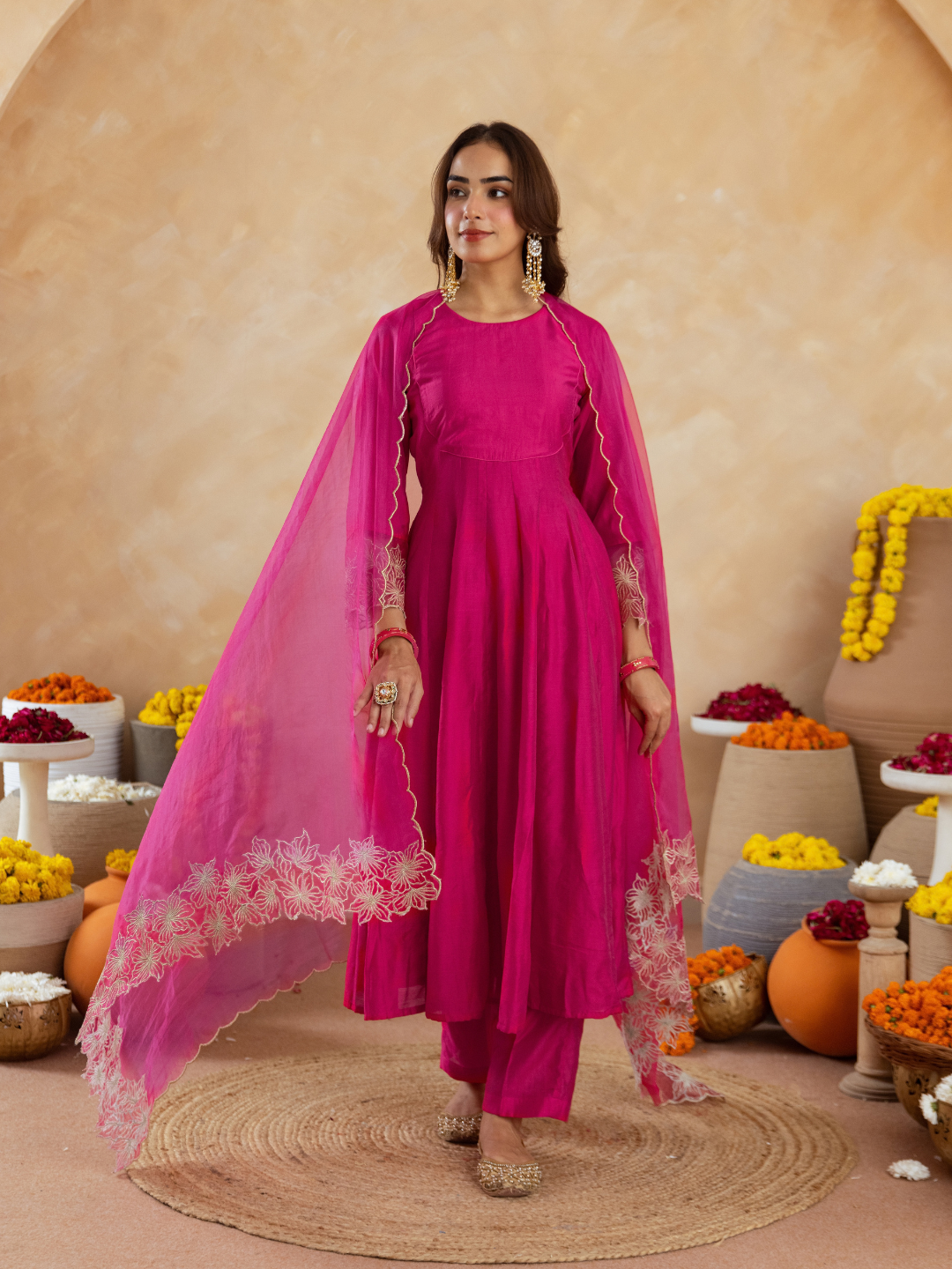 Fuchsia Pink Chanderi Embroidered Kurta Set with  Organza Dupatta