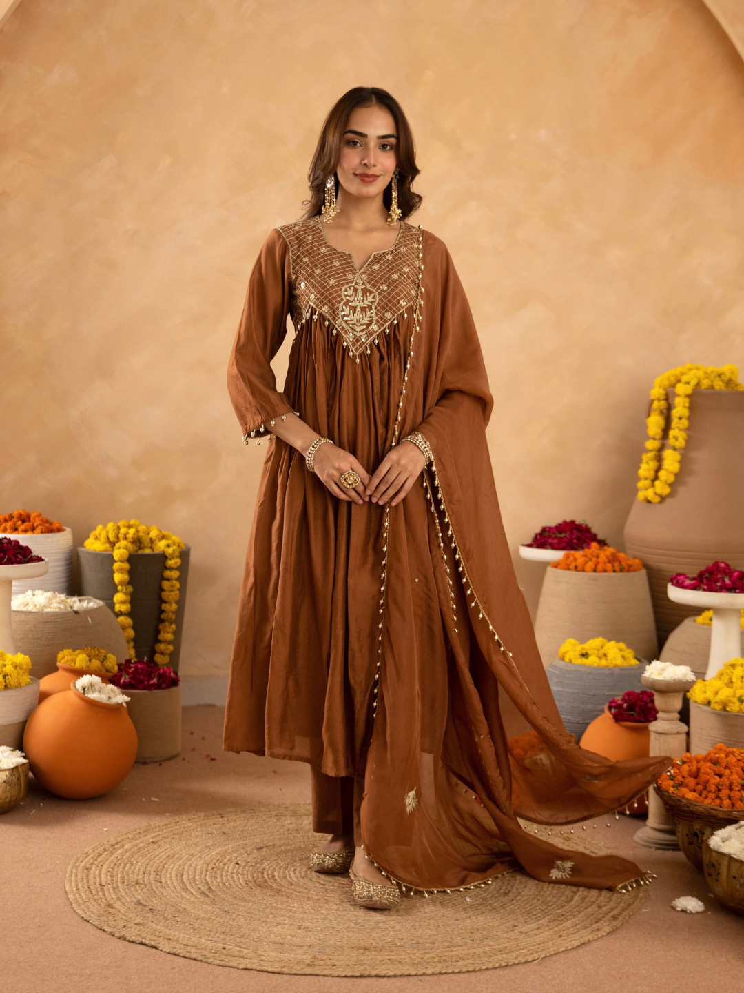 Brown Chanderi Aari & Handwork Gathered Kurta Set
