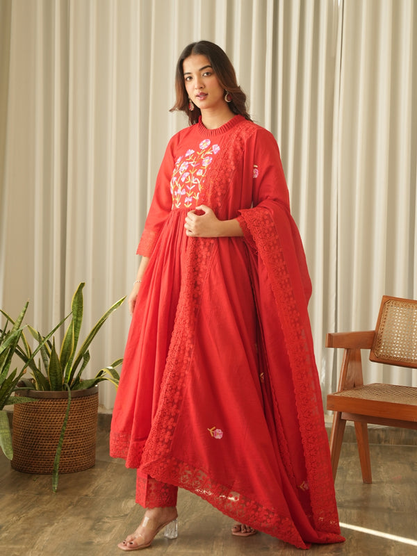 Crimson Red Aari Embroidered Chanderi Suit Set