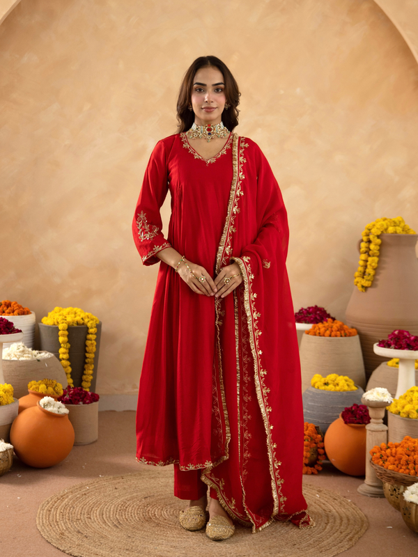 Red Hand Embroidered Chanderi Gathered Kurta Set with  Sequin Dupatta