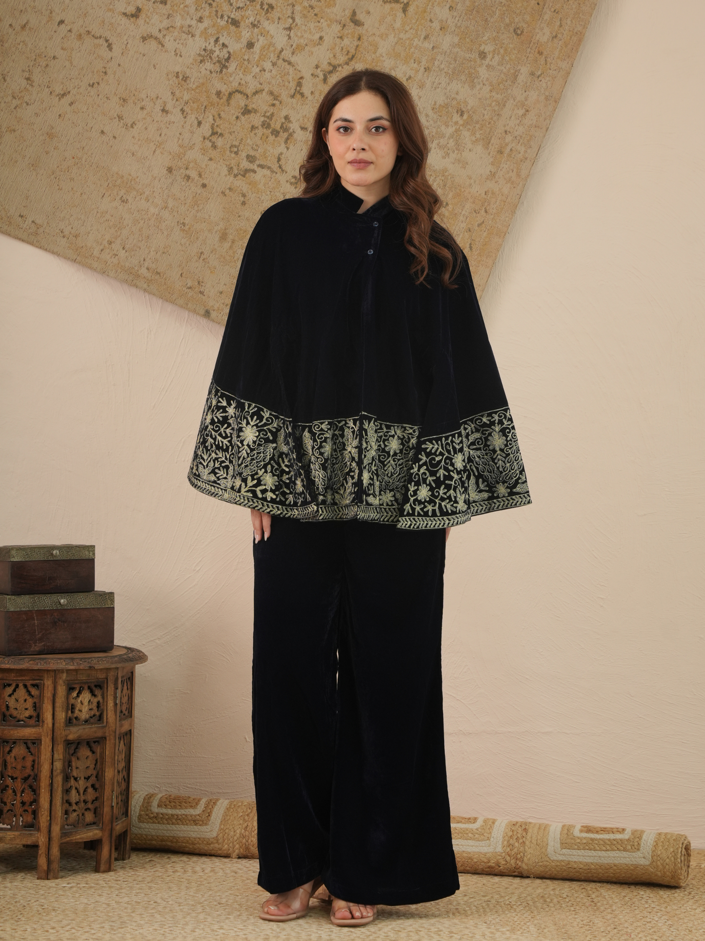 Hayat Midnight Blue Velvet Co-ord Set with Embroidered Cape