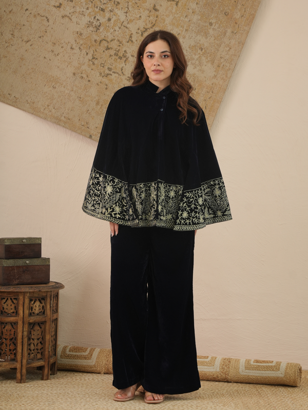 Hayat Midnight Blue Velvet Co-ord Set with Embroidered Cape