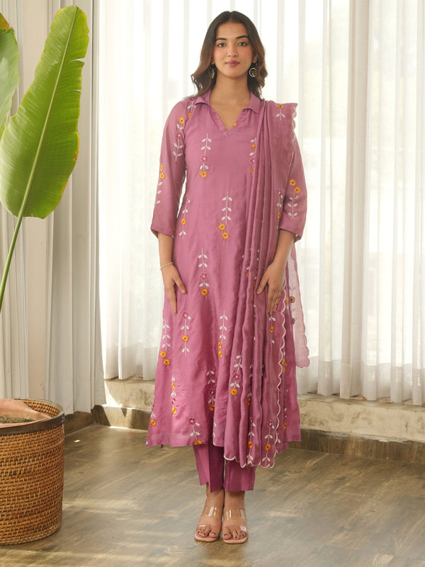 Mauve Pink Embroidered Chanderi Kurta Set with Pants & Dupatta