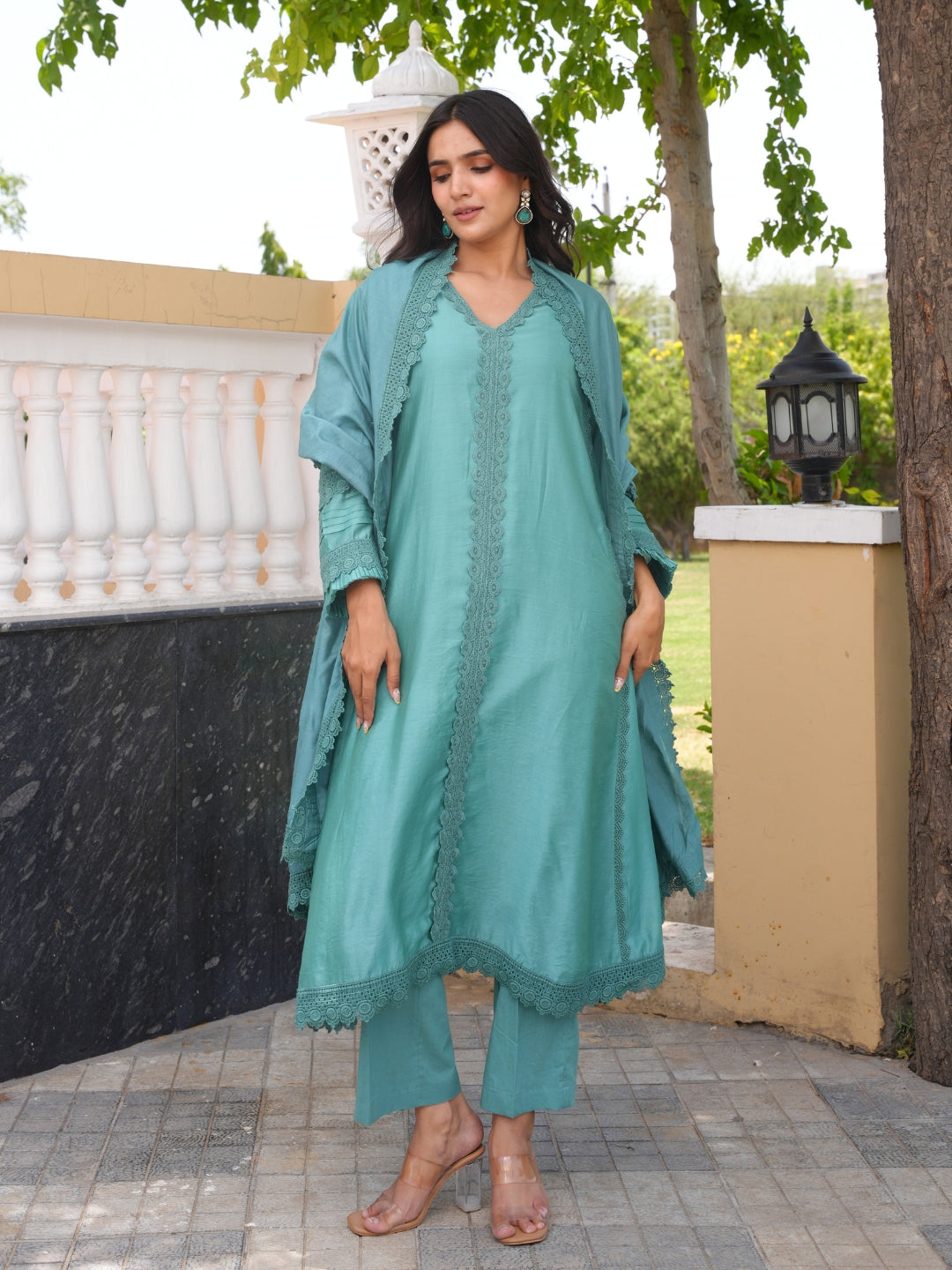 Sea Green Chanderi Lace Work Kurta Set