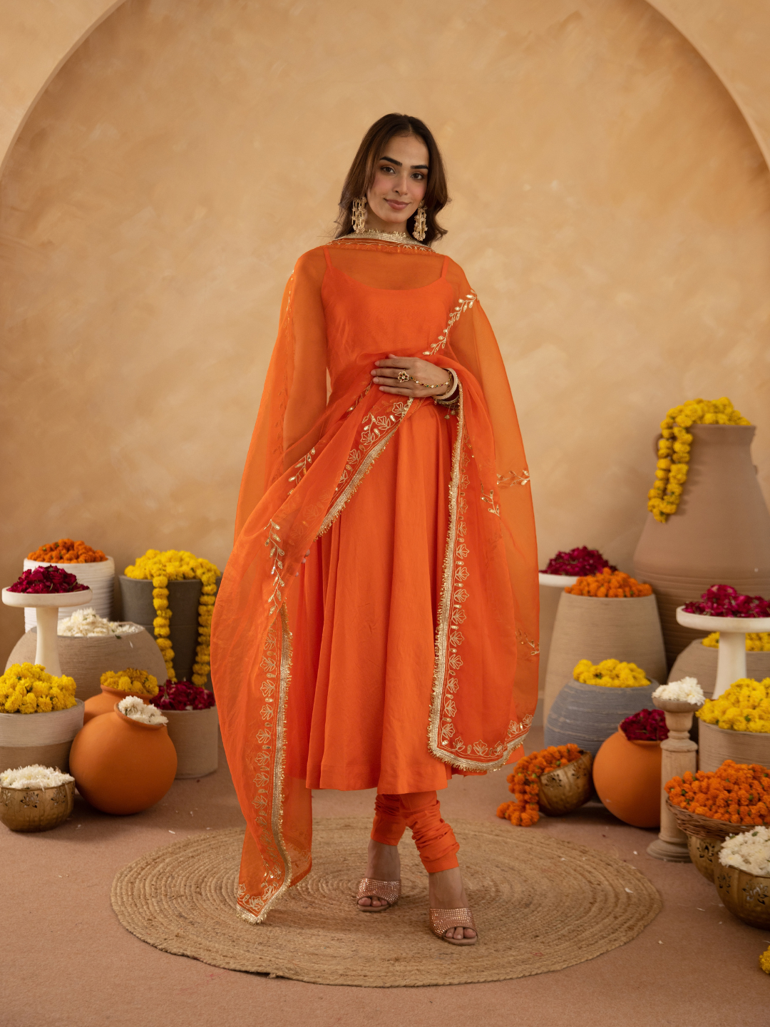 Orange Chanderi Anarkali with Aari Work & Sequin Embellished  Dupatta