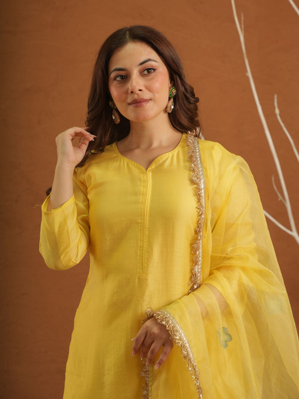 Surror Yellow Chanderi With Handpaint Dupatta