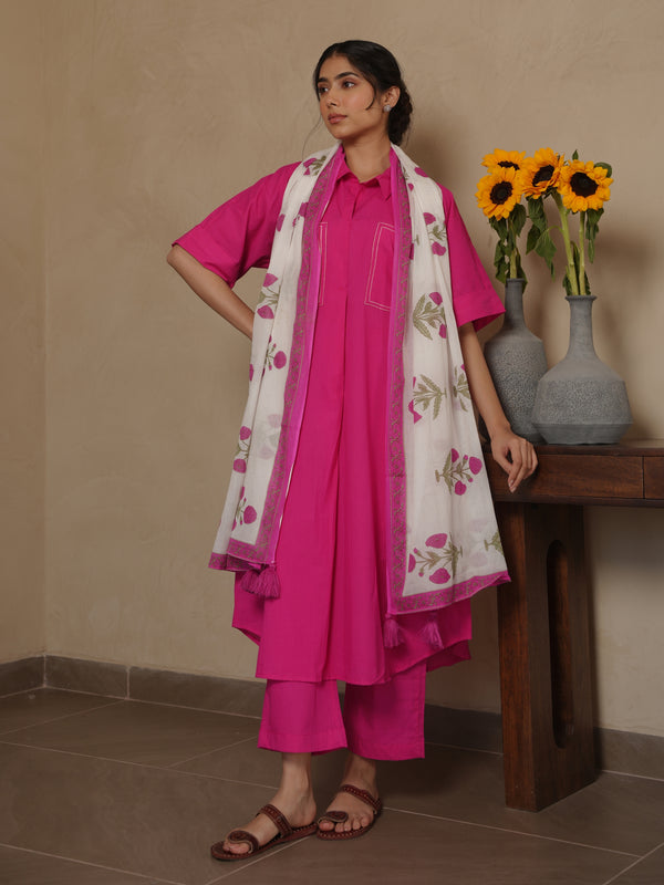BEE PINK COTTON SUIT SET WITH BLOCK PRINT DUPATTA