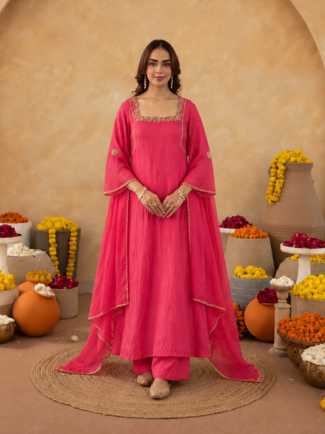 Salmon Pink Aari Handwork Chanderi A-Line Kurta set