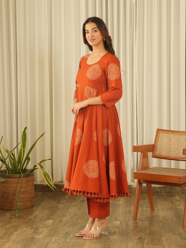 Rust Orange Cotton Screen Print Kurta Set with Pant & Dupatta