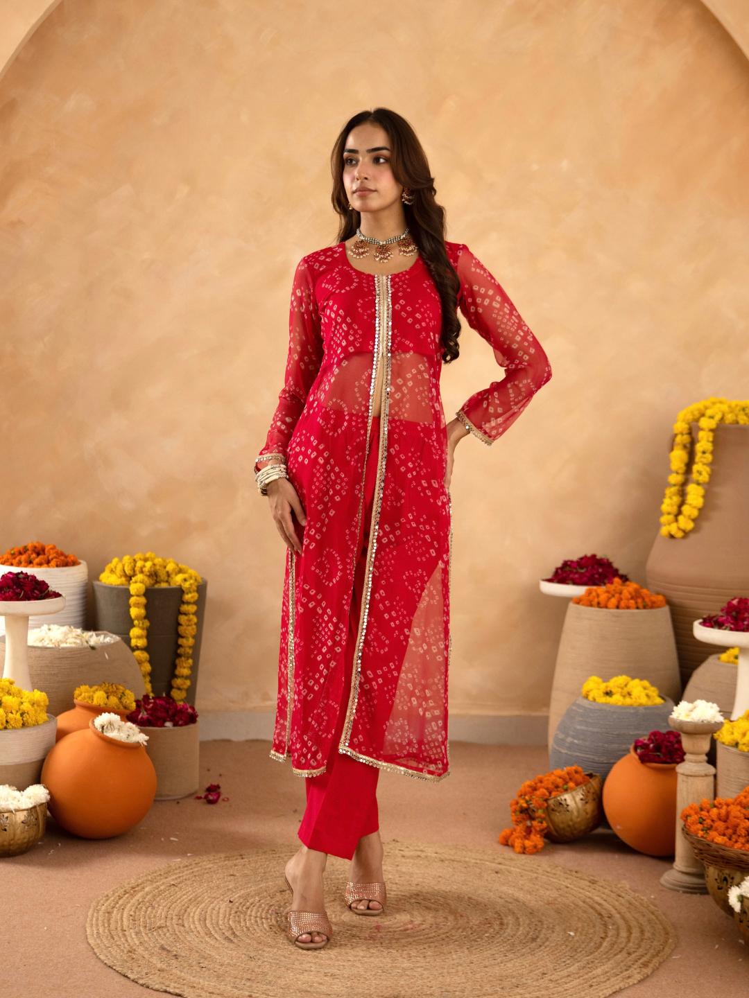 Pink Chiffon Bandhej Mirrorwork Straight Kurta