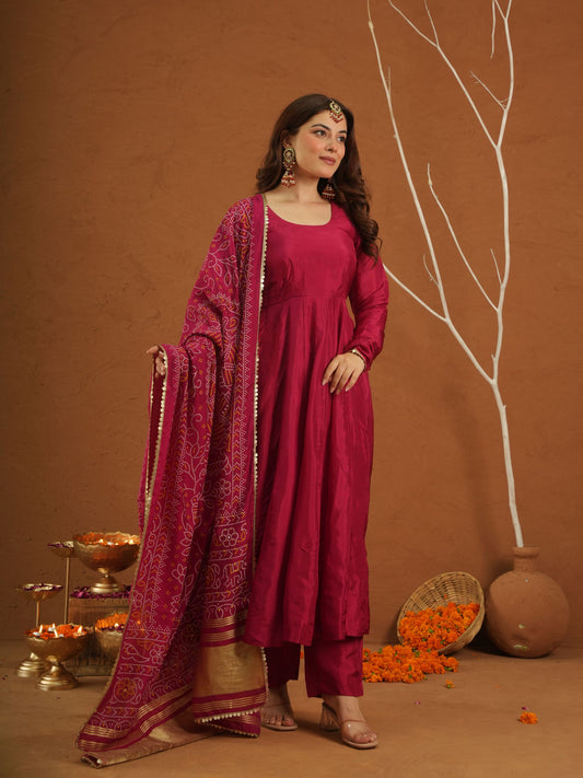 Heer Pink Silk Anarkali Set With Bandhej Dupatta