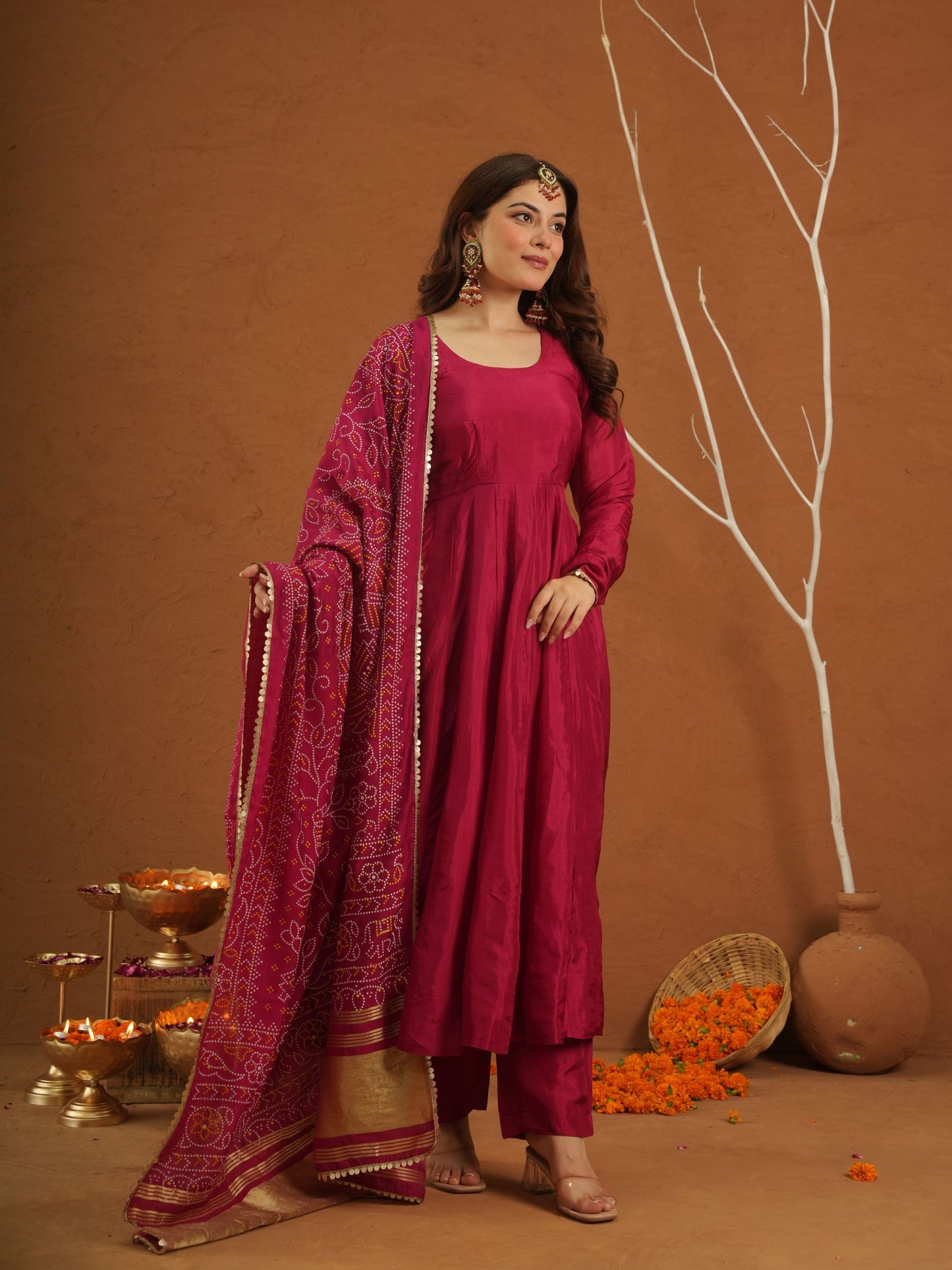 Hoor Pink Silk Anarkali Set With Bandhej Dupatta