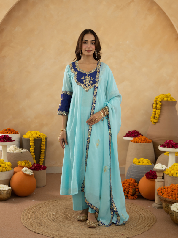 Sky Blue Chanderi A-Line Kurta Set with Handwork Detailing &  Organza Dupatta