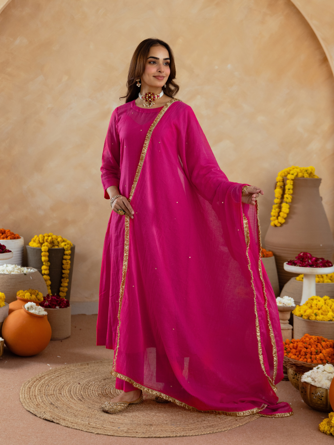 Fuchsia Pink Doria Hand Embroidered A- Line Kurta  Set