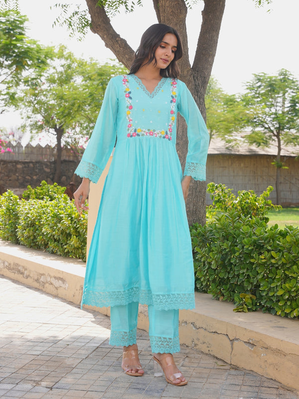 Aqua Blue Floral Handwork Chanderi Kurta Set