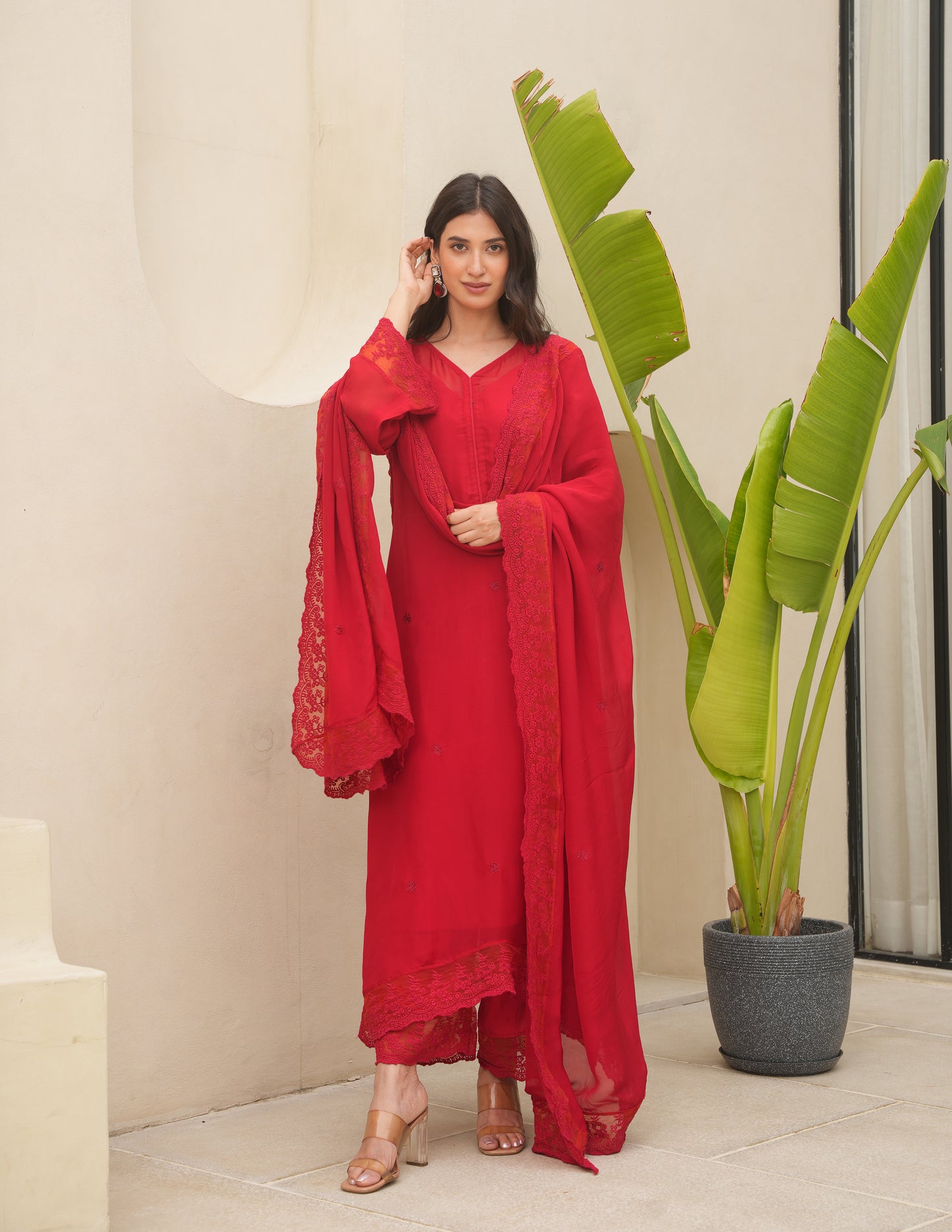 Red Organza Silk Aari Embroidered Suit Set