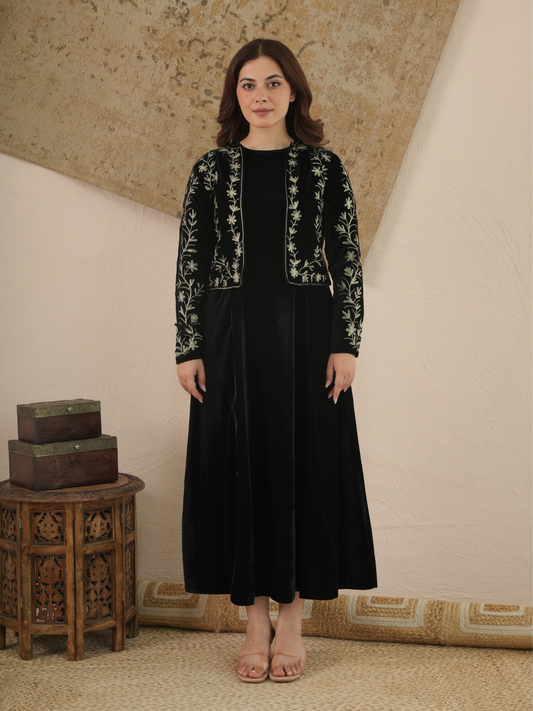 Aira Noir Velvet Embroidered Jacket Dress