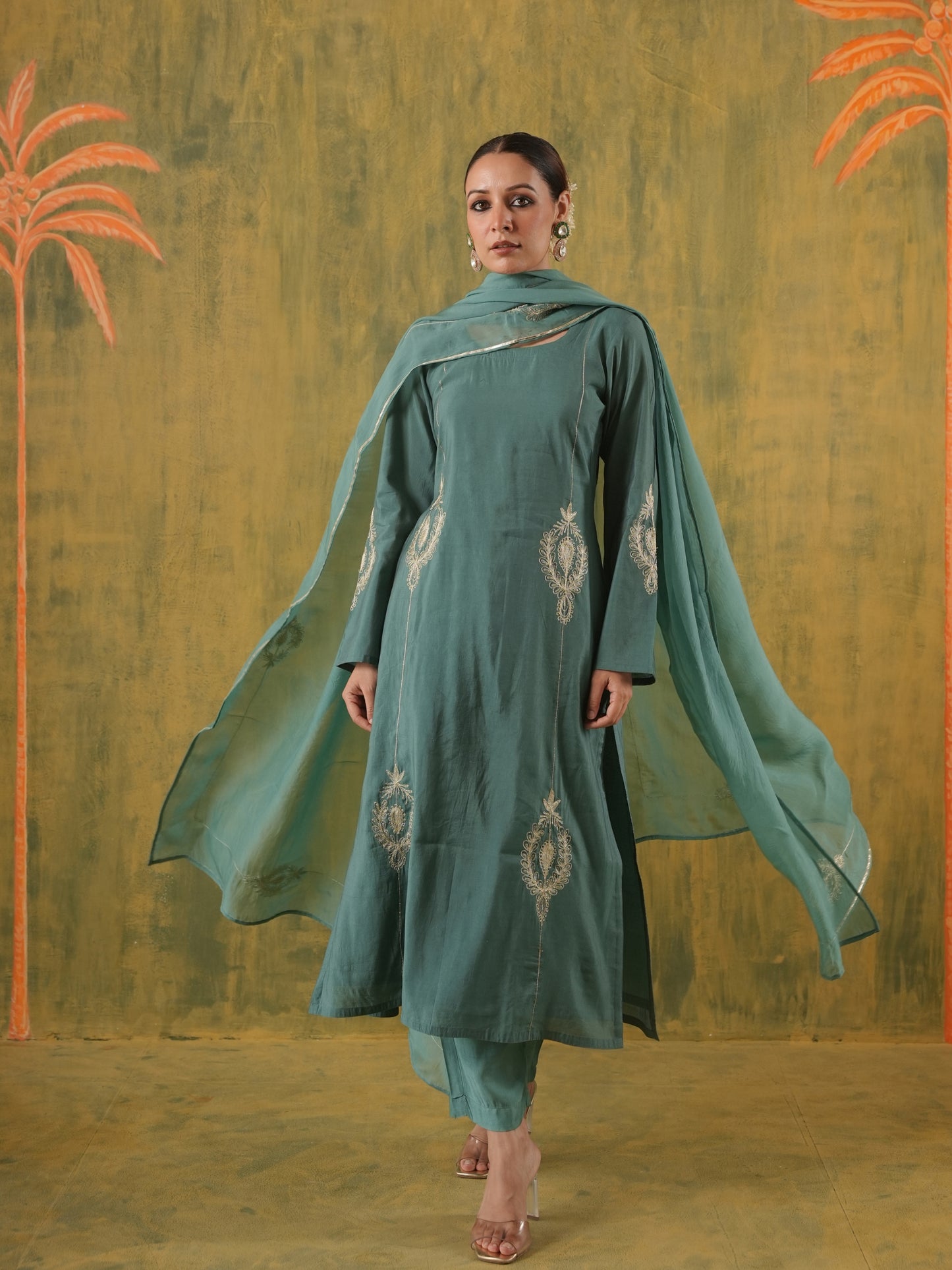 Rani Zoya Green Embroidered Silk Suit Set
