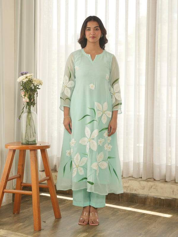Pastel Mint Hand Paint Soft Organza Suit Set