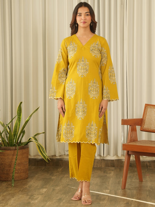 Mustard Bloom Screen Print Cotton Suit Set