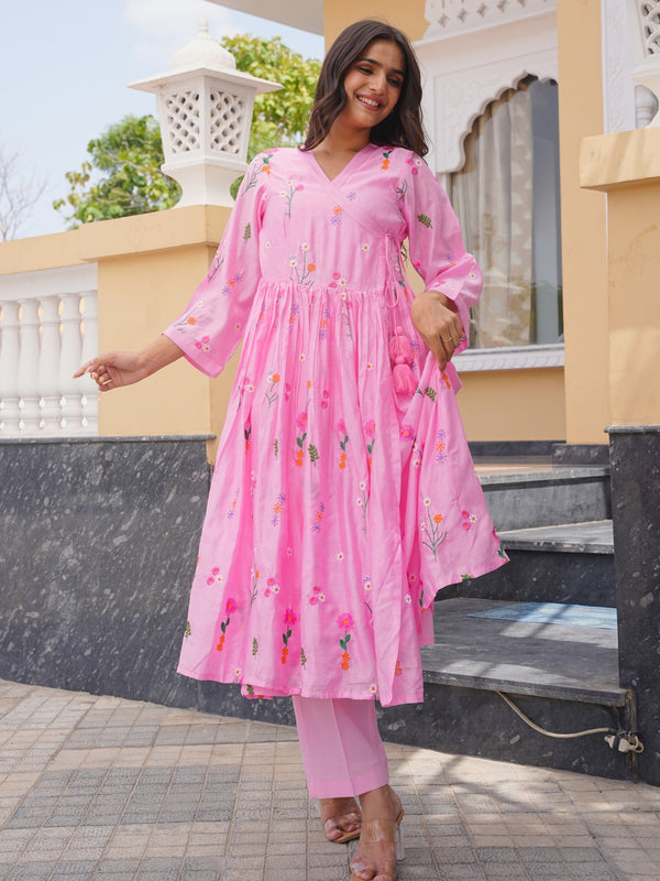Pink Daisy Chanderi Angrakha Kurta Set