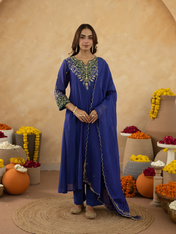 Royal Blue Zari Embroidered A-Line kurta with Dupatta