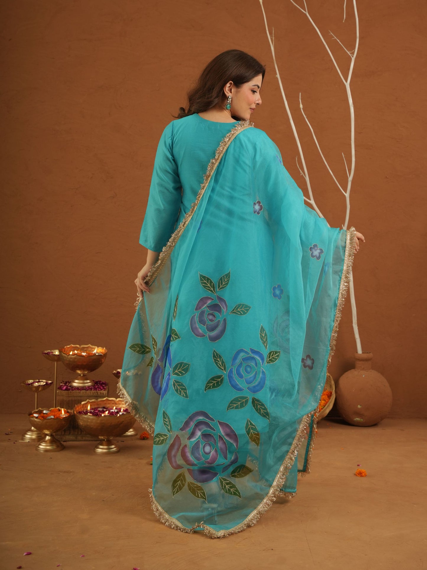 Mayaaz Sky Chanderi With Handpaint Dupatta