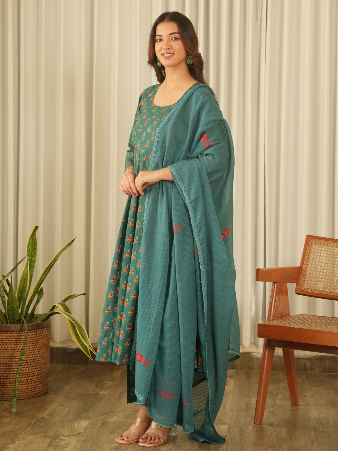 Emerald Green Cotton Suit Set with Pants & Doriya Dupatta