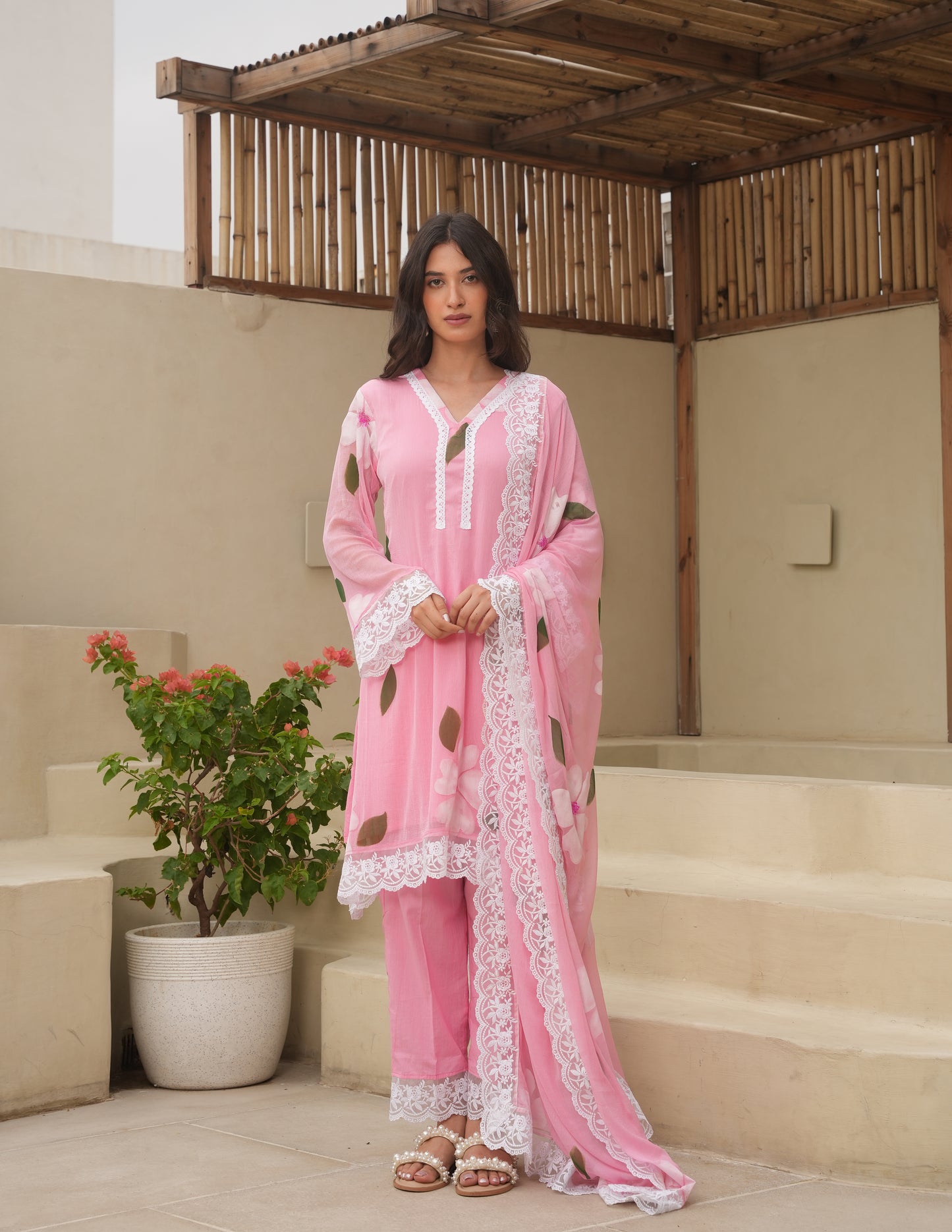 Saga Pink Handpaint Chiffon Suit Set