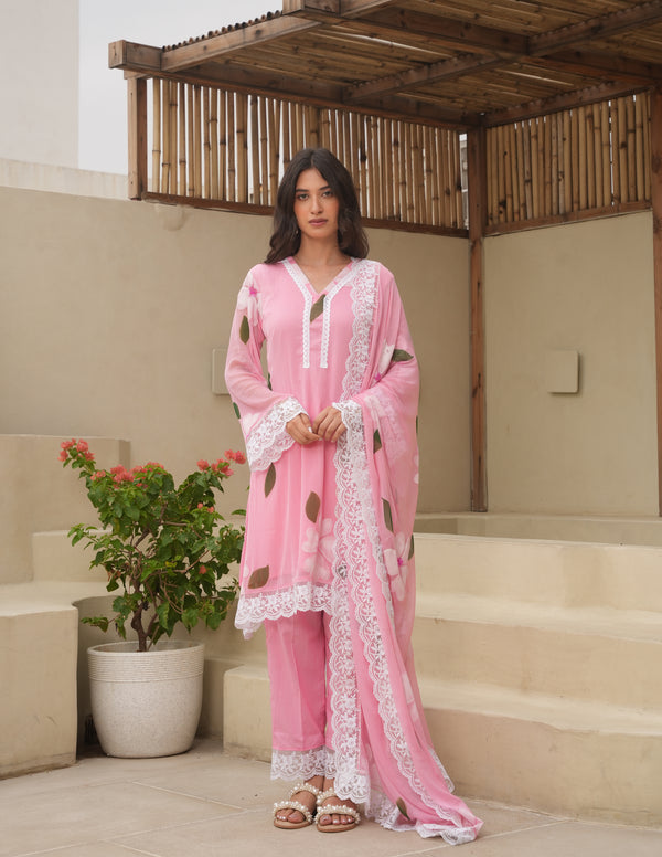 Saga Pink Handpaint Chiffon Suit Set