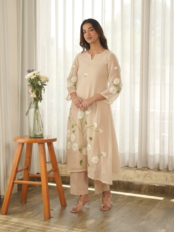 Ivory Beige Hand Paint Soft Organza Suit Set