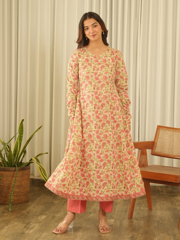 Peach Floral Screen Print Kurta Set with Pant & Dupatta