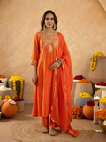 Rust Brown Chanderi A- Line Suit with Aari and Sequnce Work  Detailing