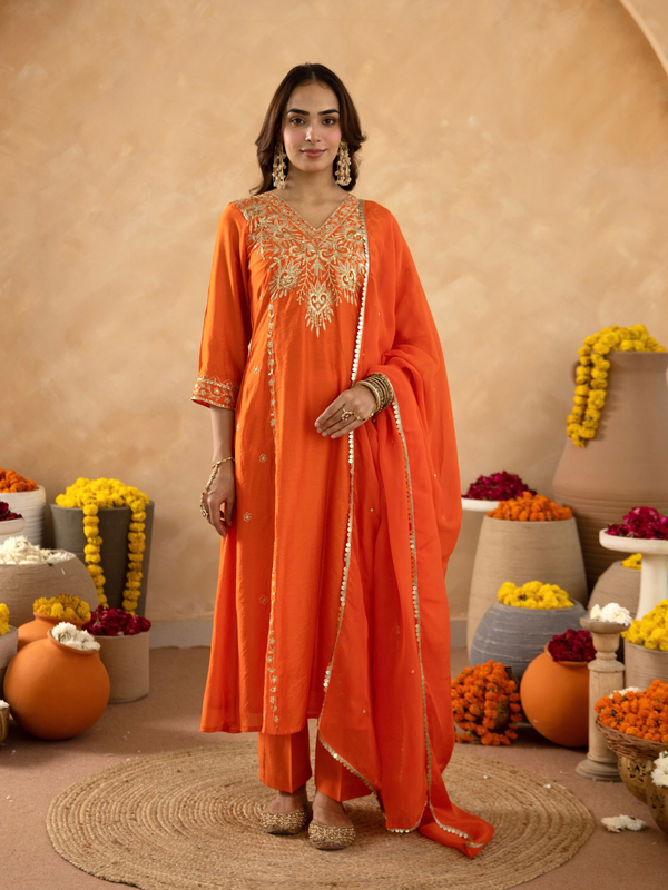Rust Brown Chanderi A- Line Suit with Aari and Sequnce Work  Detailing