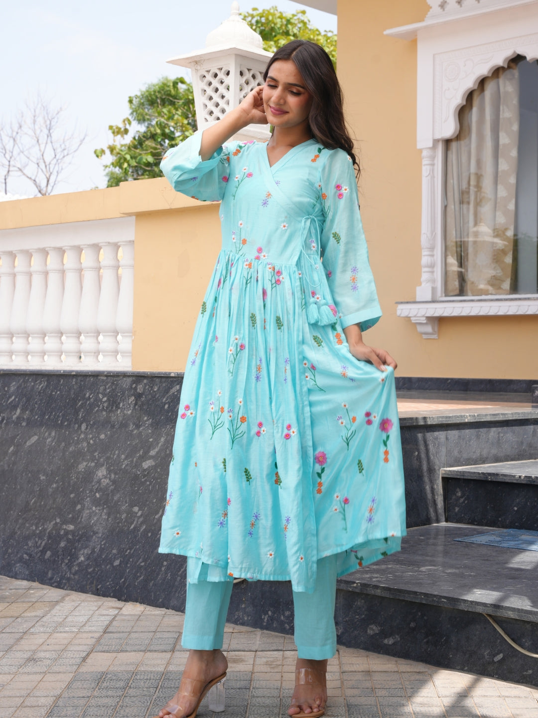 Aqua Blossom Chanderi Angrakha Kurta Set