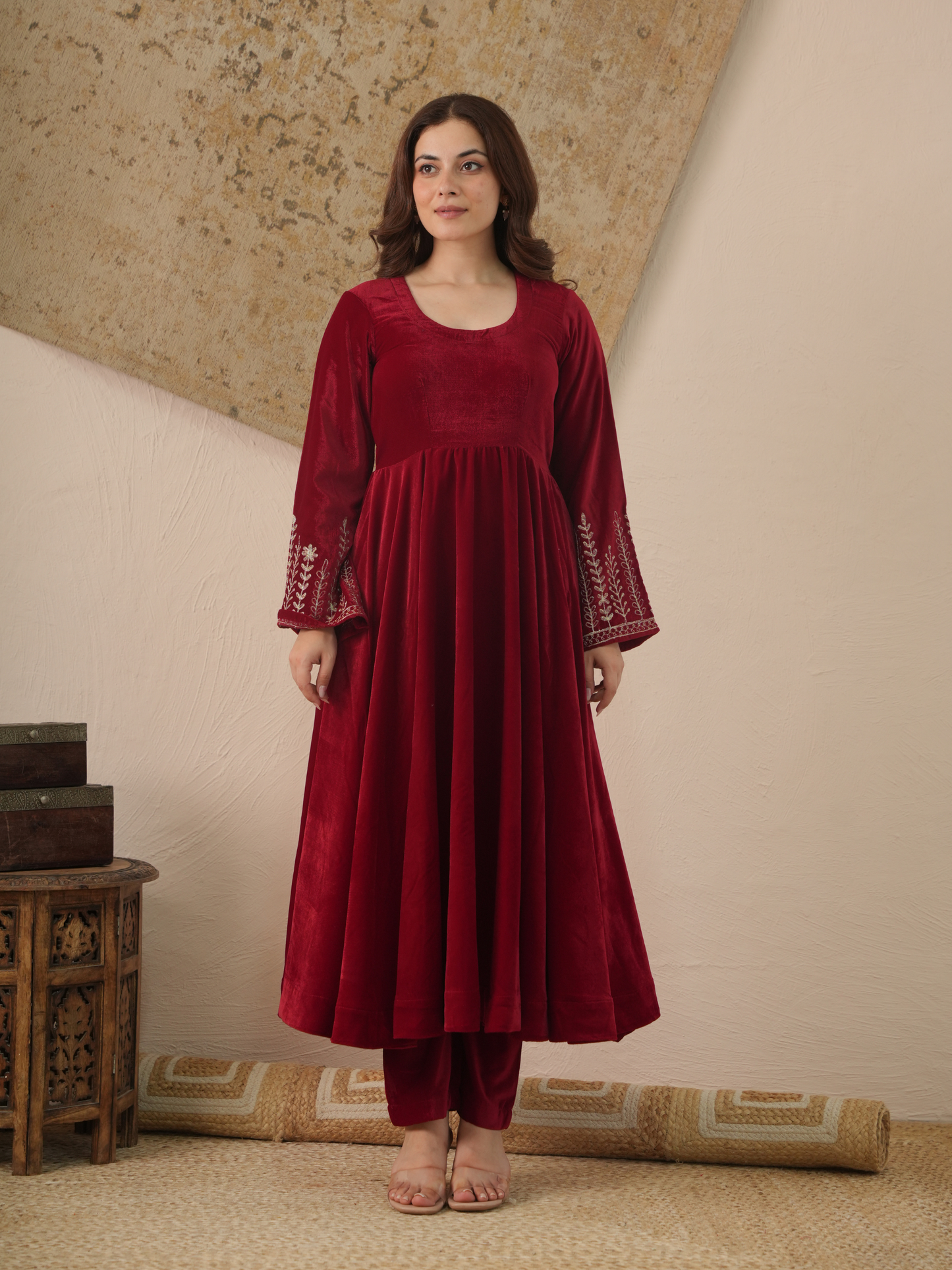 Meher Maroon Velvet Kurta With Pant & Dupatta