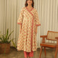 Beige Floral Angrakha Screen Print Kurta Set with Pant & Dupatta